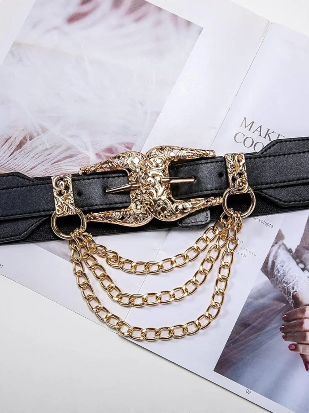 Black Leather Waist Belt with Gold Buckles & Chain Accent